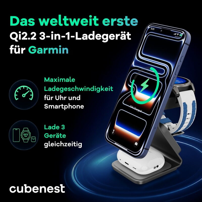 Cubenest Qi2.2 3in1 Magnetisches Kabelloses Ladegerät SQ314 Pro Garmin Watch