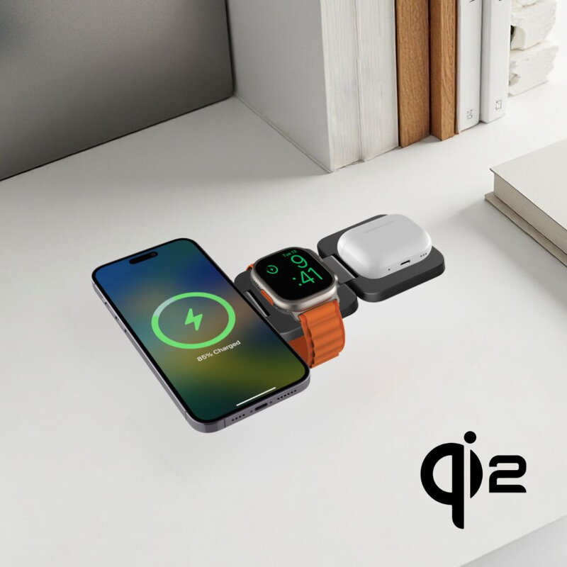 Cubenest Qi2 3in1 Faltbares Magnetisches Kabelloses Ladegerät EQ310 Grau