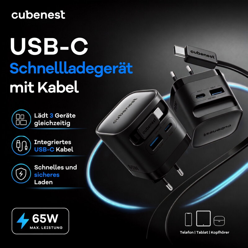 Cubenest PD GaN Ladegerät mit Kabel 65W S3D2