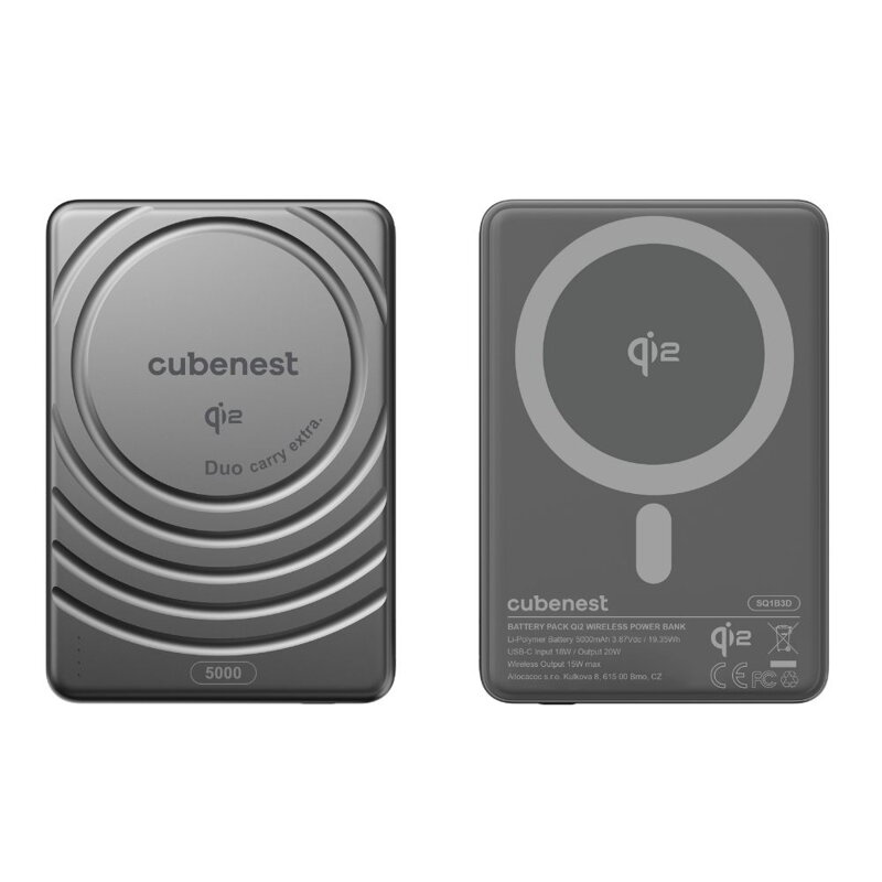 Cubenest Qi2 Magnetische Kabellose Powerbank SlimDual 5000 mAh SQ1B3D Schwarz