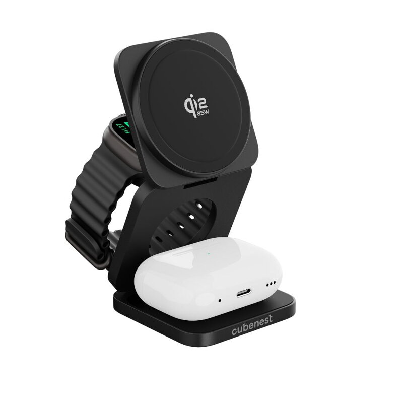 Cubenest Qi2.2 3in1 Faltbares Magnetisches Kabelloses Ladegerät SQ312 Ultra Schwarz
