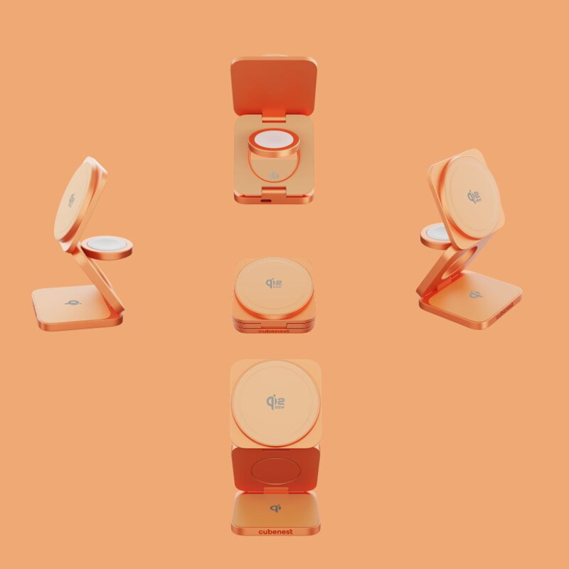 Cubenest Qi2.2 3in1 Faltbares Magnetisches Kabelloses Ladegerät SQ312 Ultra Orange