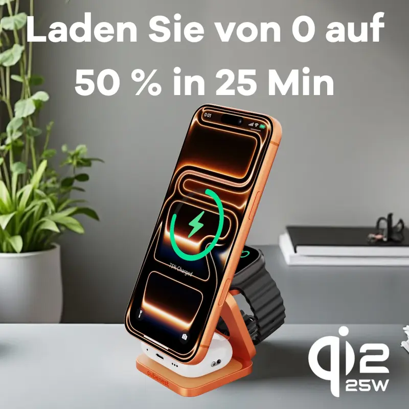Cubenest Qi2.2 3in1 Faltbares Magnetisches Kabelloses Ladegerät SQ312 Ultra Orange