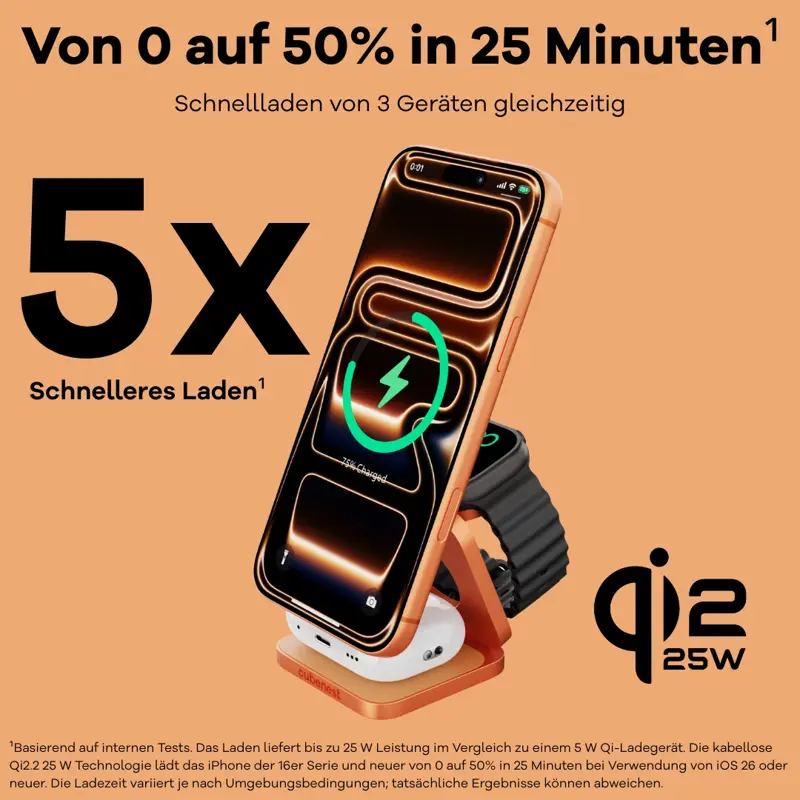 Cubenest Qi2.2 3in1 Faltbares Magnetisches Kabelloses Ladegerät SQ312 Ultra Orange