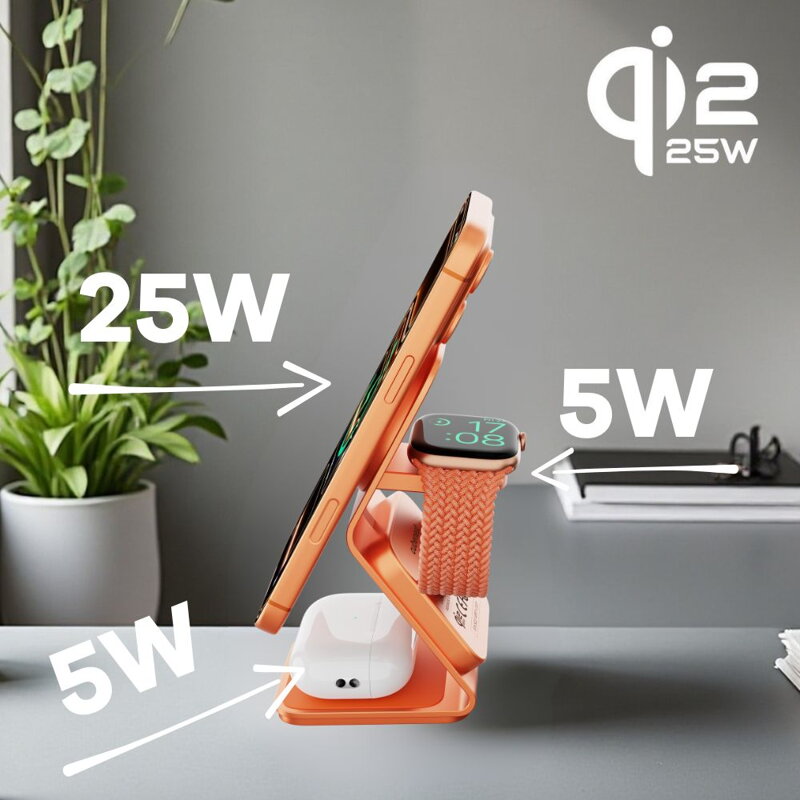Cubenest Qi2.2 3in1 Magnetisches Kabelloses Ladegerät SQ314 Orange